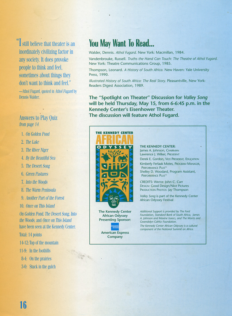 LisaGay Hamilton Tearsheets, Valley Song Program